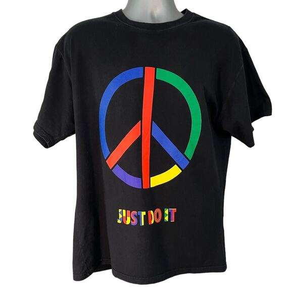 Nike Black Short Sleeve Just Do It Peace Sign T-Shirt, Size M - Picture 1 of 13